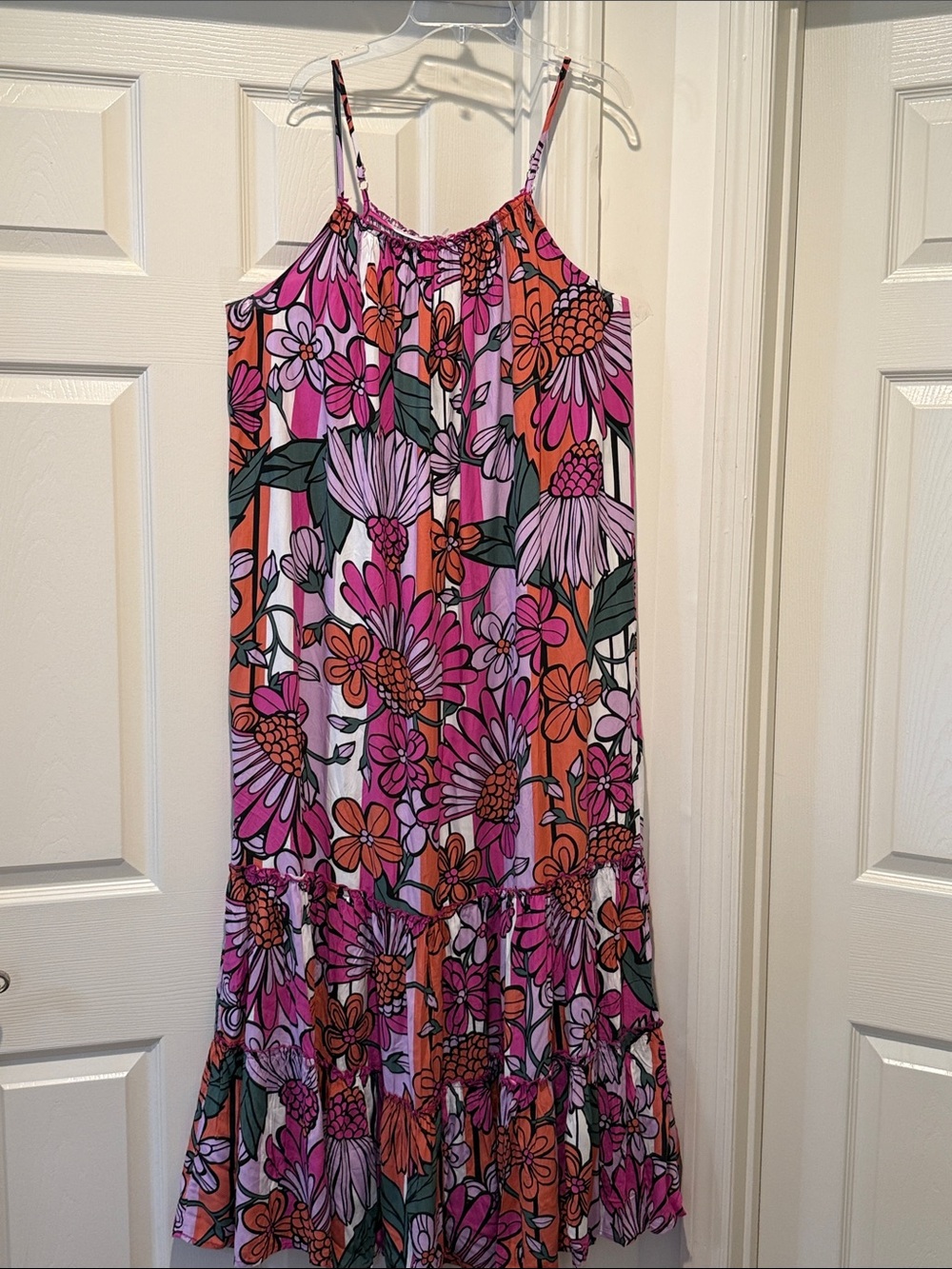 NWT Tropical Resortware Vibrant Floral Pink Orange Maxi Dress Adjustable Strap L